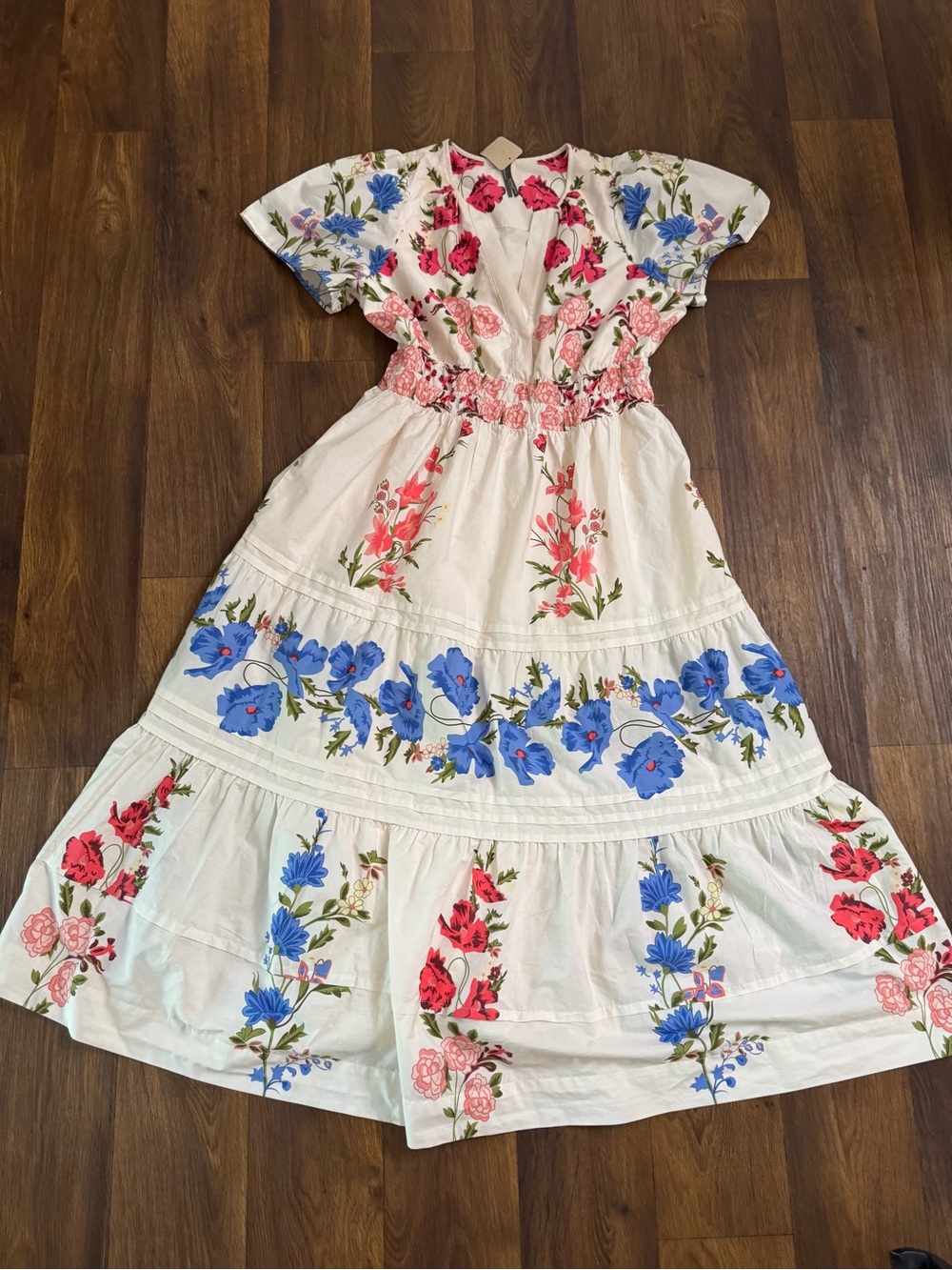 Anthropologie White Maxi Dress with Blue & Pink Floral Embroidery
